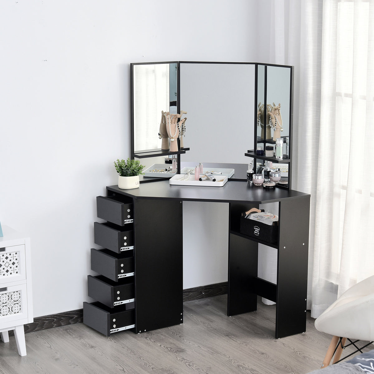 Corner makeup vanity table triple mirror with drawers