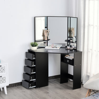 Corner makeup vanity table triple mirror with drawers