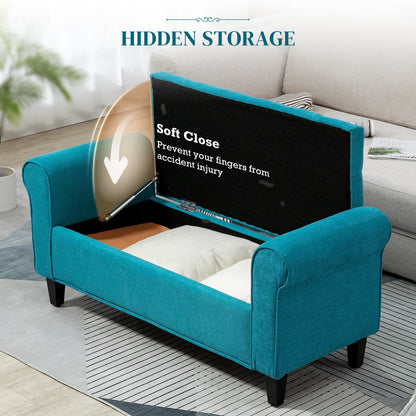 Tufted storage bench with rolled arms