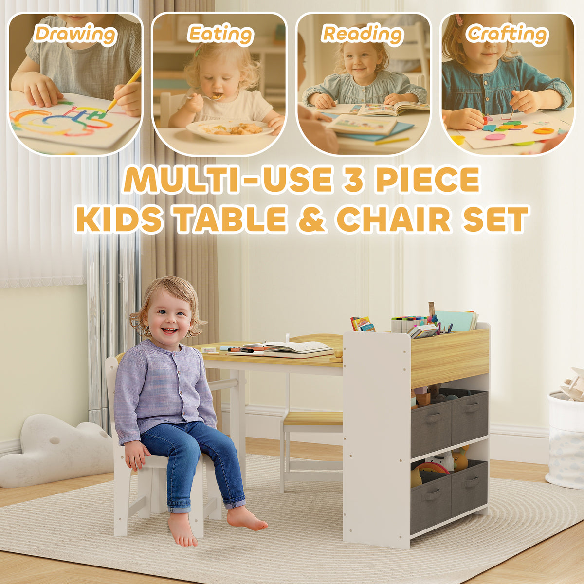 Kids Table and Chairs Set with Paper Roll — Set of 3