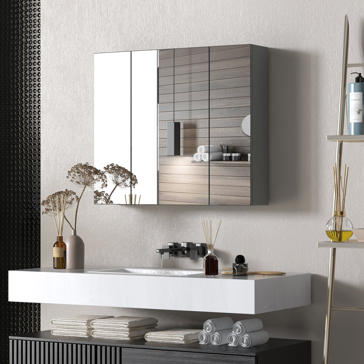 Armario de pared para baño con espejo y 3 puertas