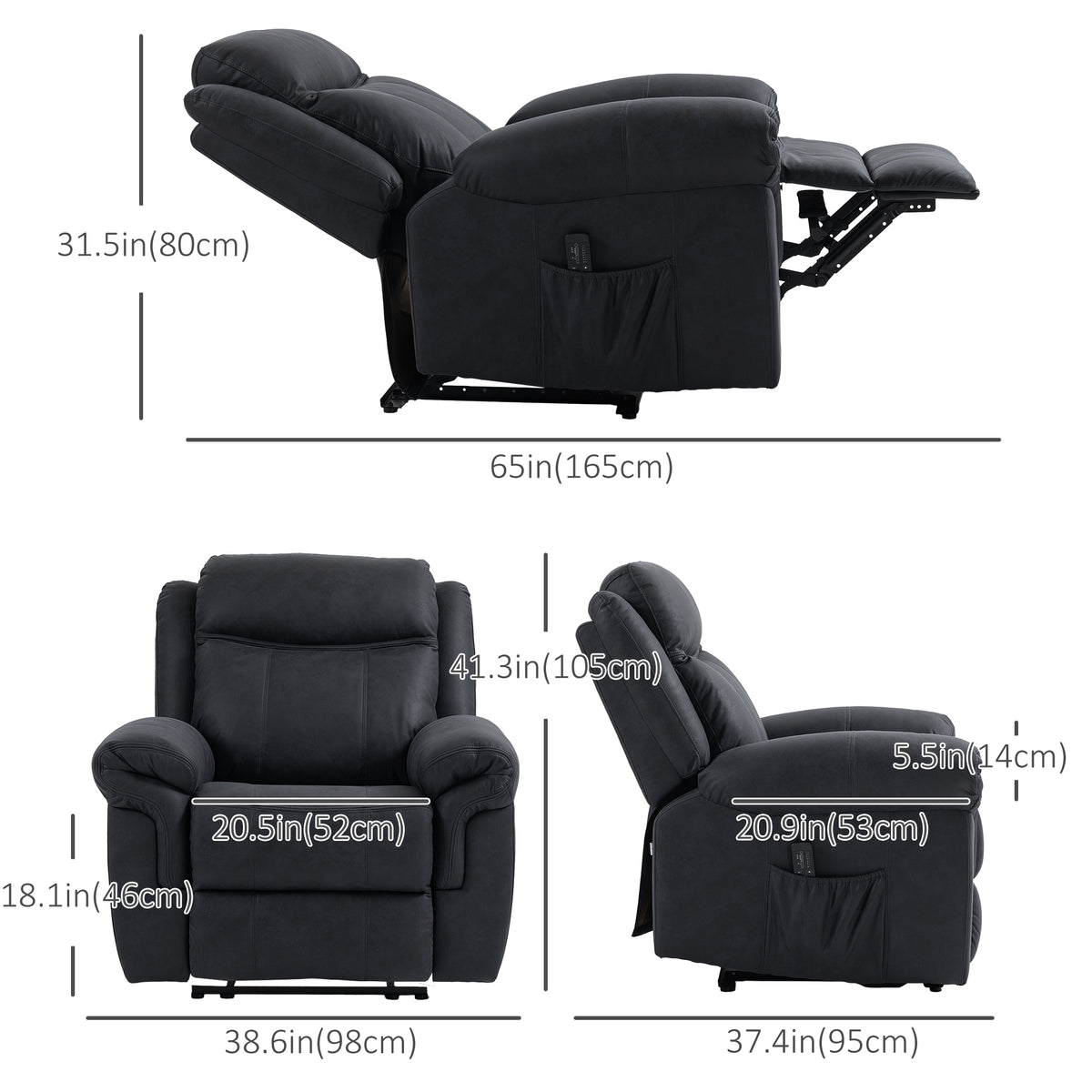 Manual Recliner Chair with Vibration Massage and Side Pockets