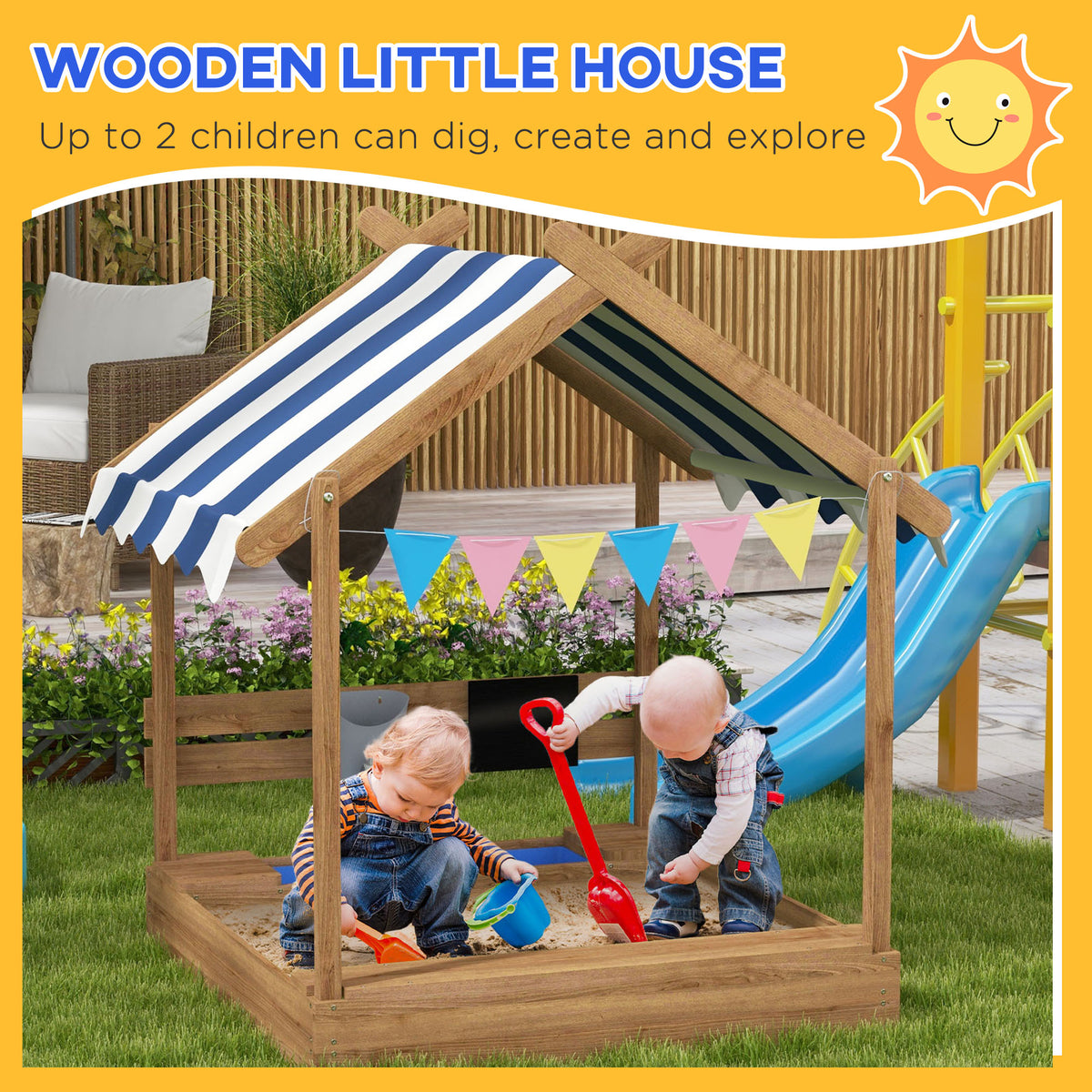 Caja de arena de madera con techo para niños