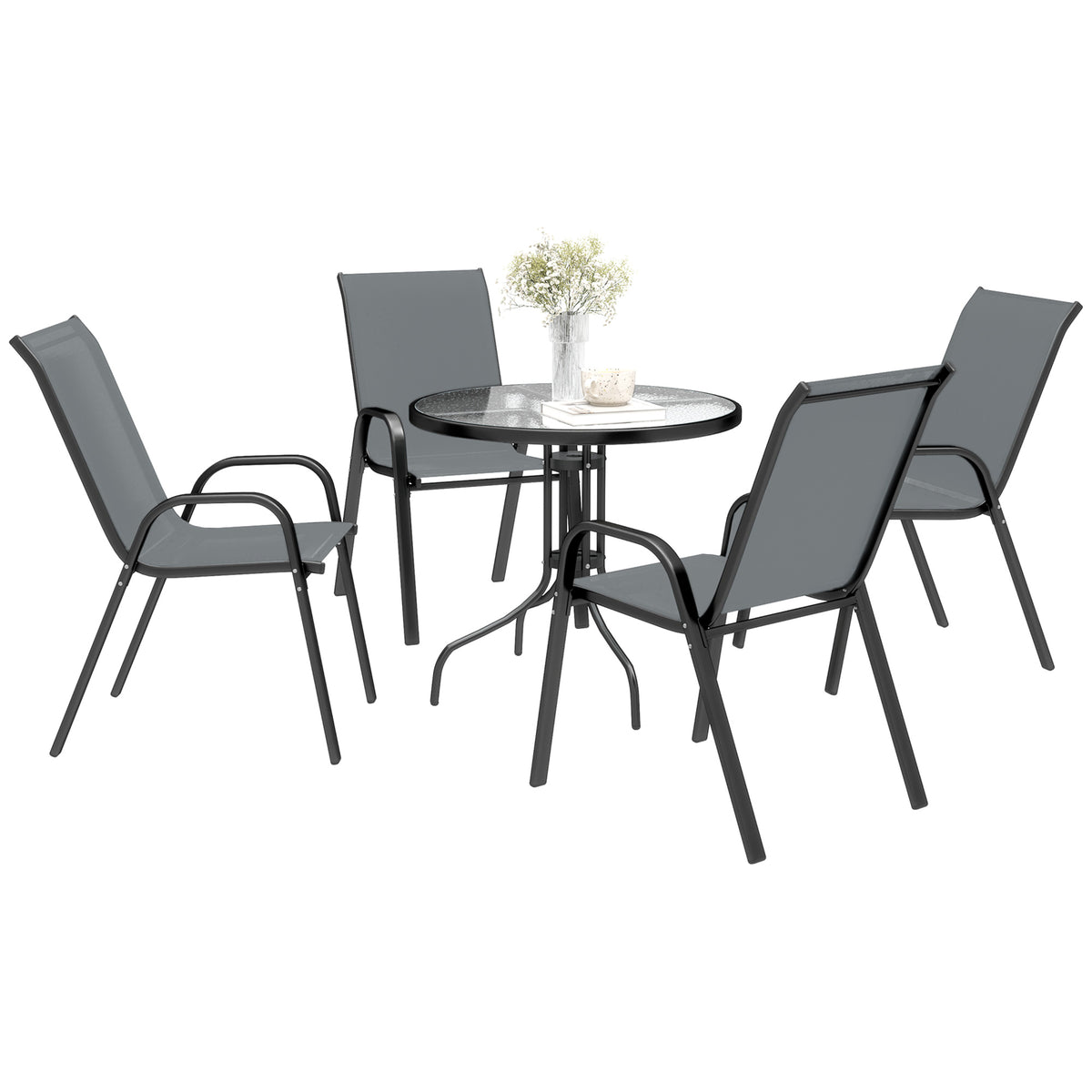 Juego de patio de cinco piezas con mesa redonda y sillas apilables