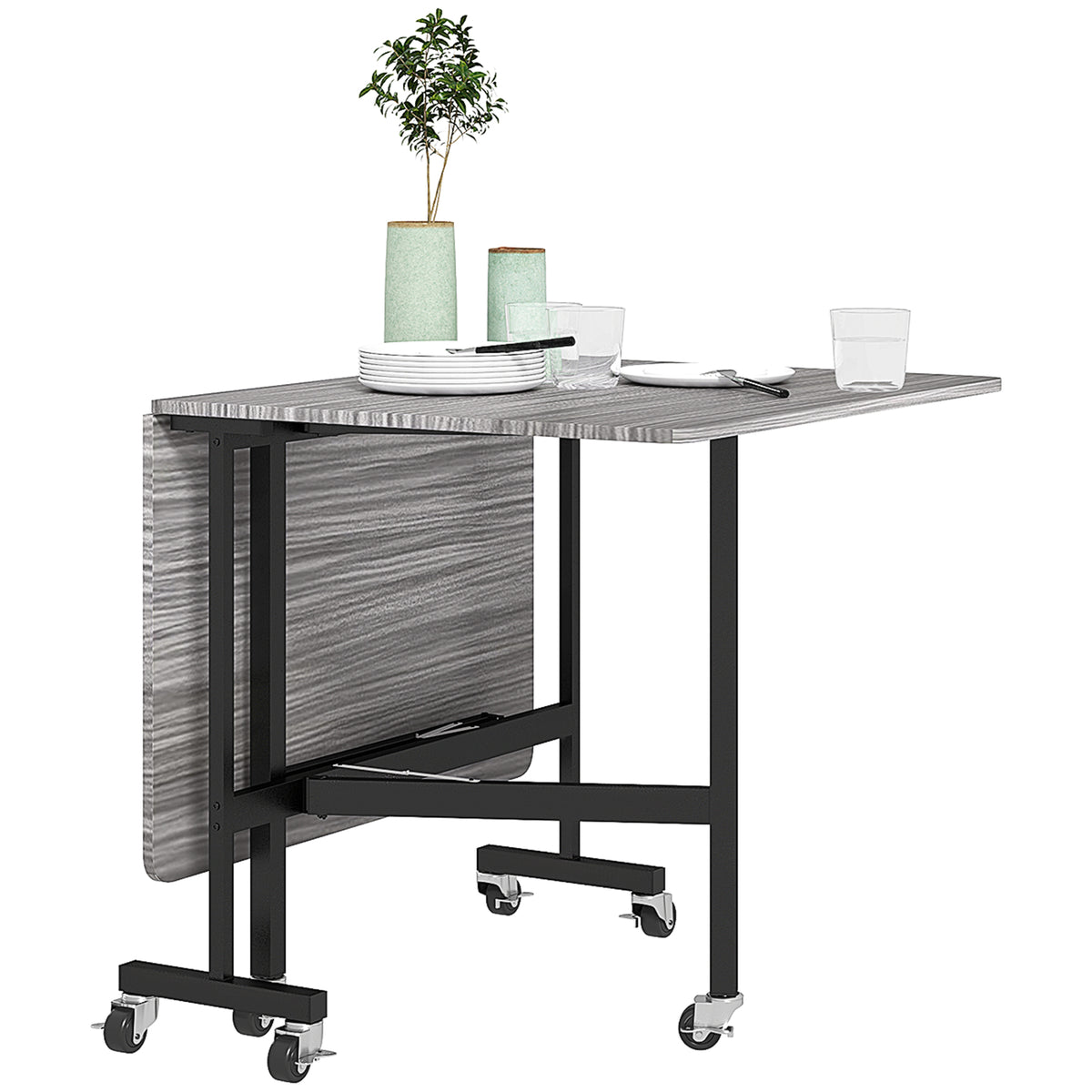 Six-Seater Drop-Leaf Dining Table with Wheels