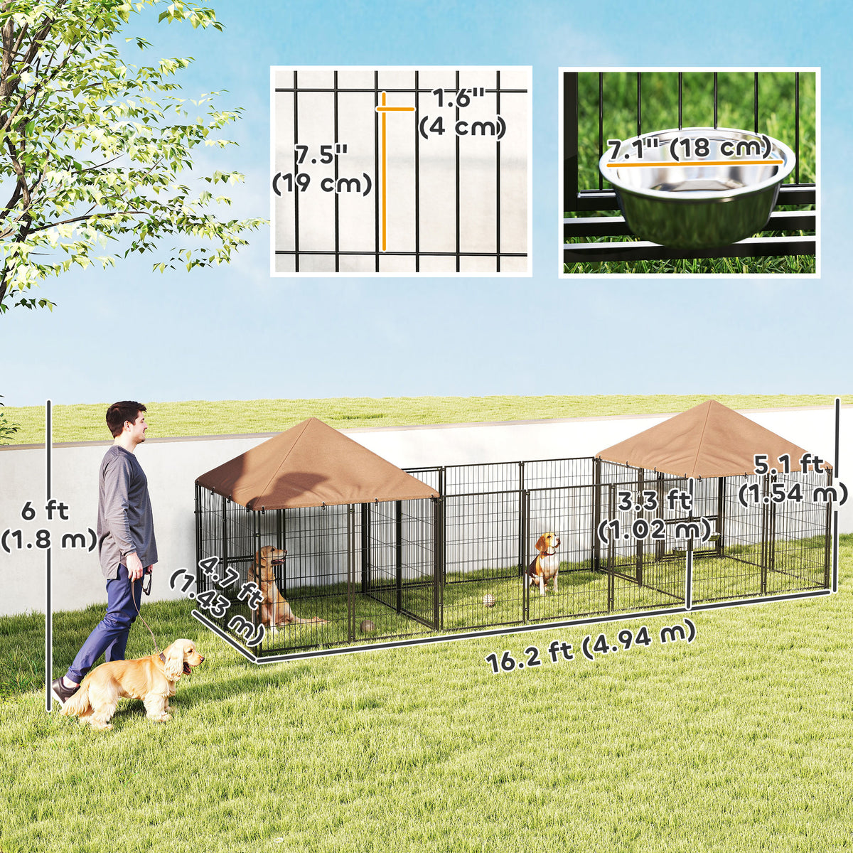 Corral exterior para perros con techo y tazones