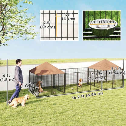 Corral exterior para perros con techo y tazones