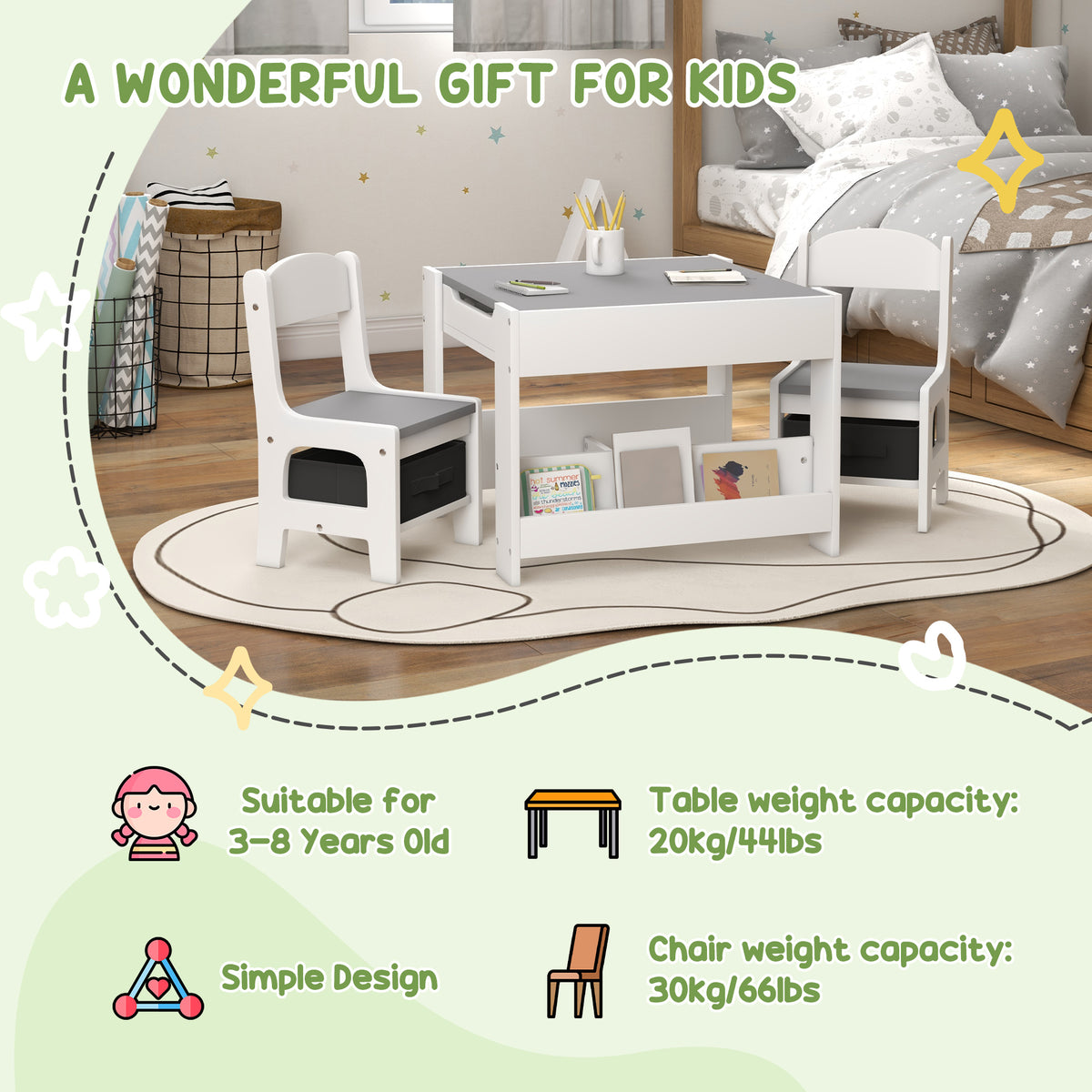 Kids Table and Chair Set Reversible 3-Piece