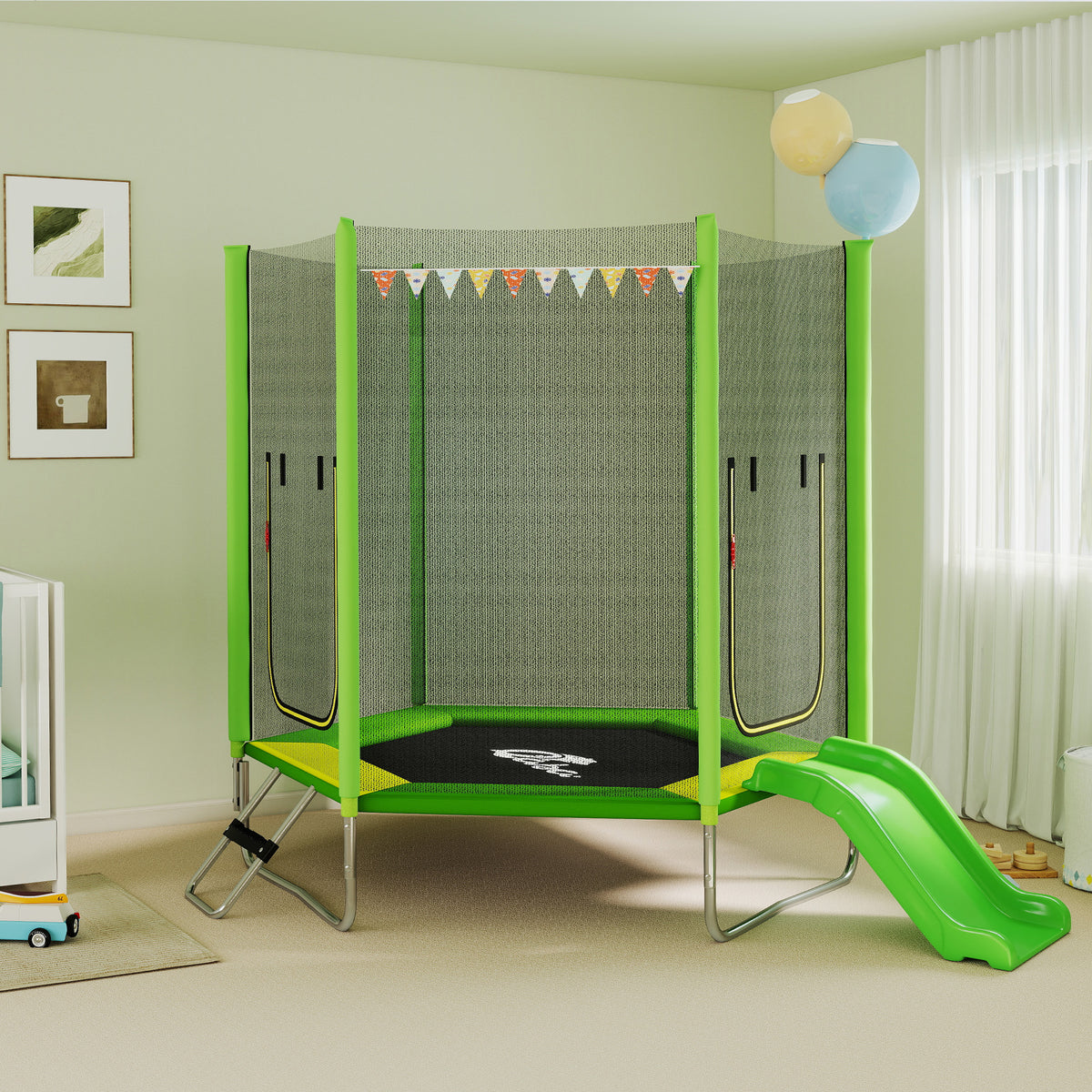 Kids Trampoline with Safety Net and Slide 215 x 193 x 202 cm