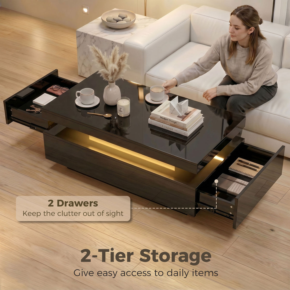 LED Coffee Table 2 Drawers High Gloss
