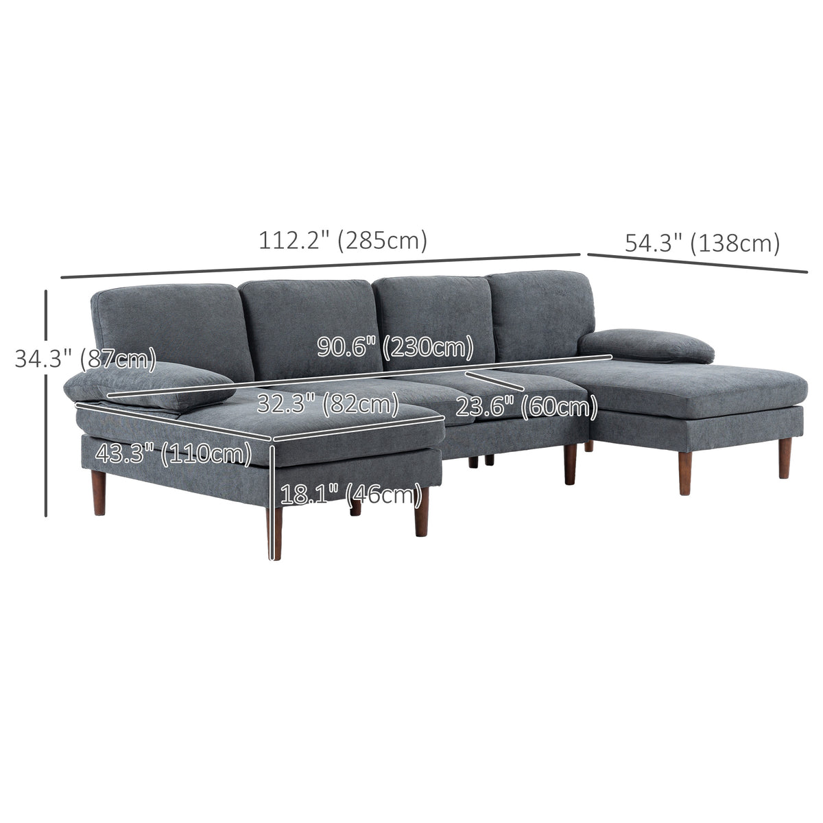 U-Shape Sectional Sofa Double Chaise 4-Seater — Fabric