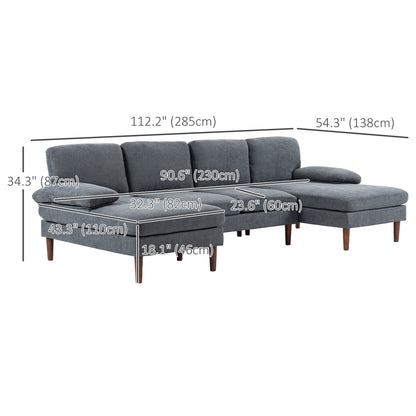 U-Shape Sectional Sofa Double Chaise 4-Seater — Fabric
