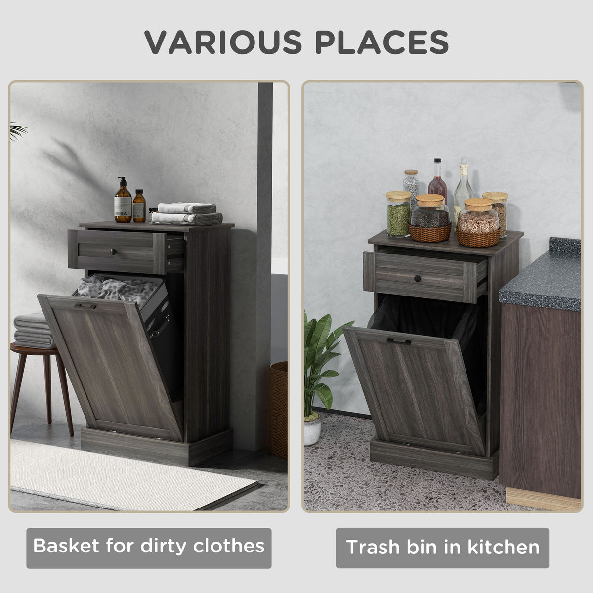 Tilt out trash bin cabinet with drawer