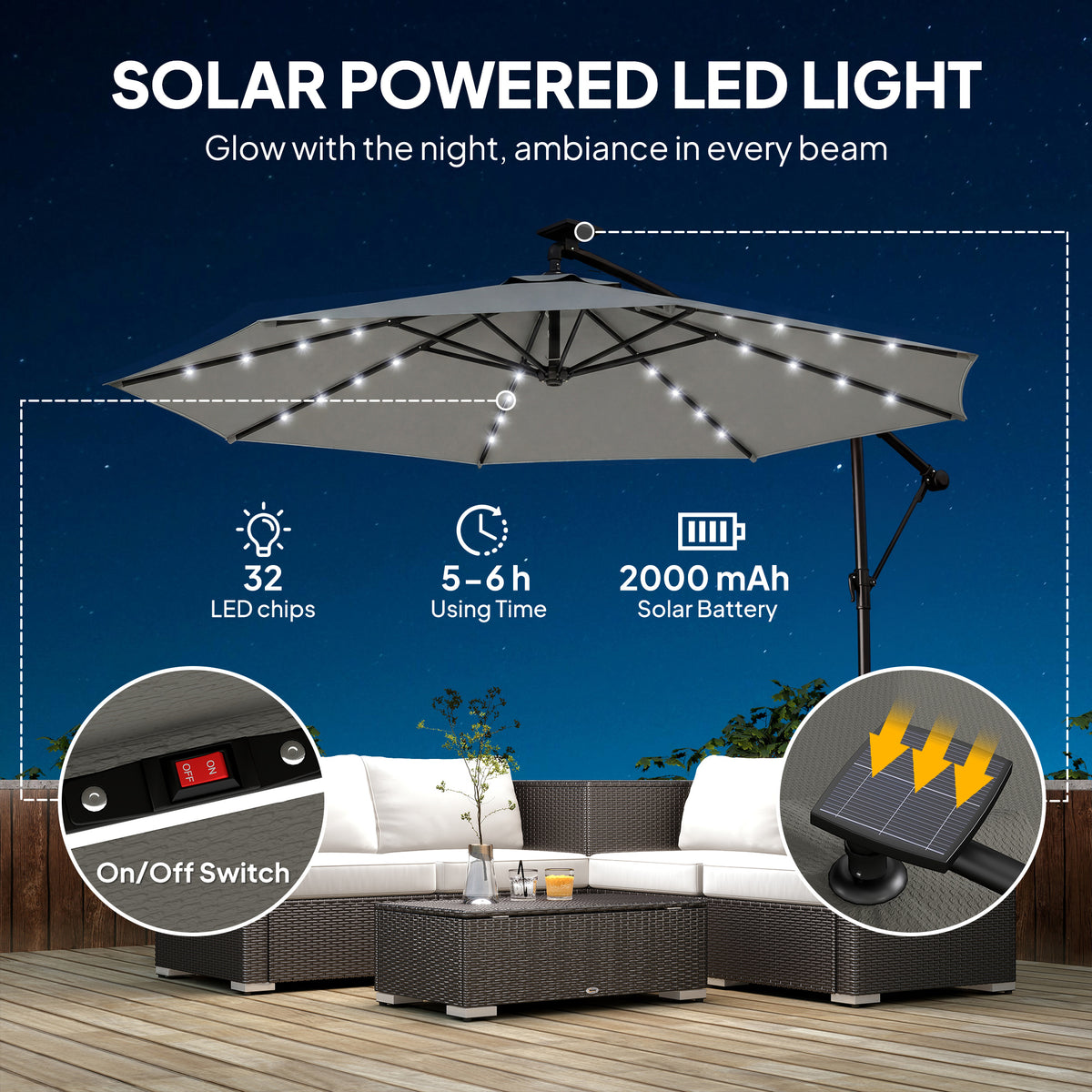 Cantilever Patio Umbrella with Solar LED Lights and Crank