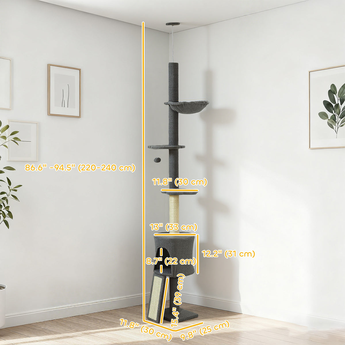 Árbol para gatos de altura regulable con rascadores y hamaca