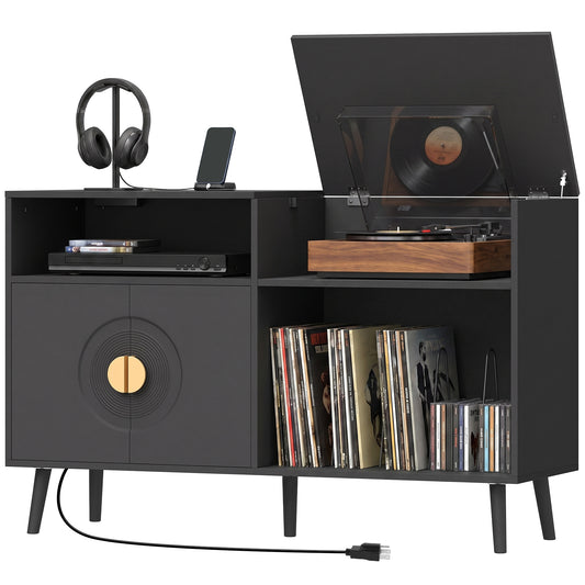 Record player stand with power outlets and vinyl storage