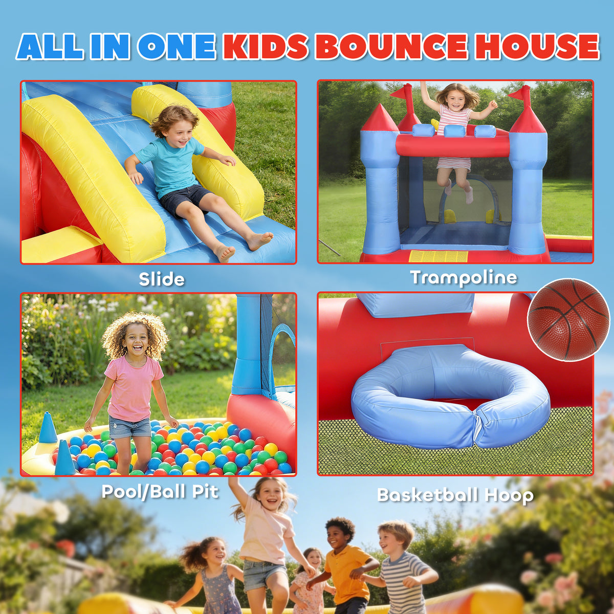 Kids inflatable bouncy castle with slide and pool