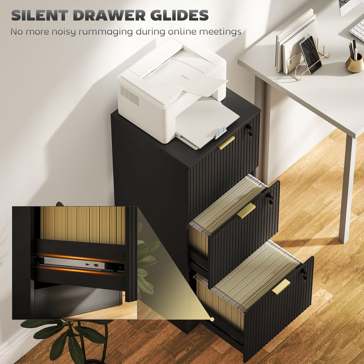 Lockable 3-Drawer Fluted Filing Cabinet for A4 Letter Files