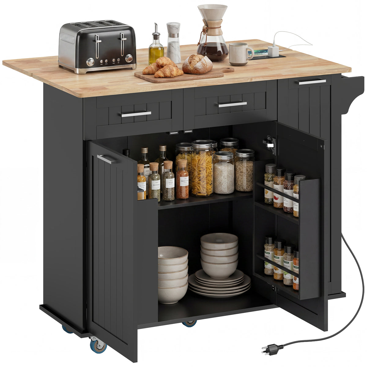 Isla de cocina con ruedas con encimera abatible y estación de carga