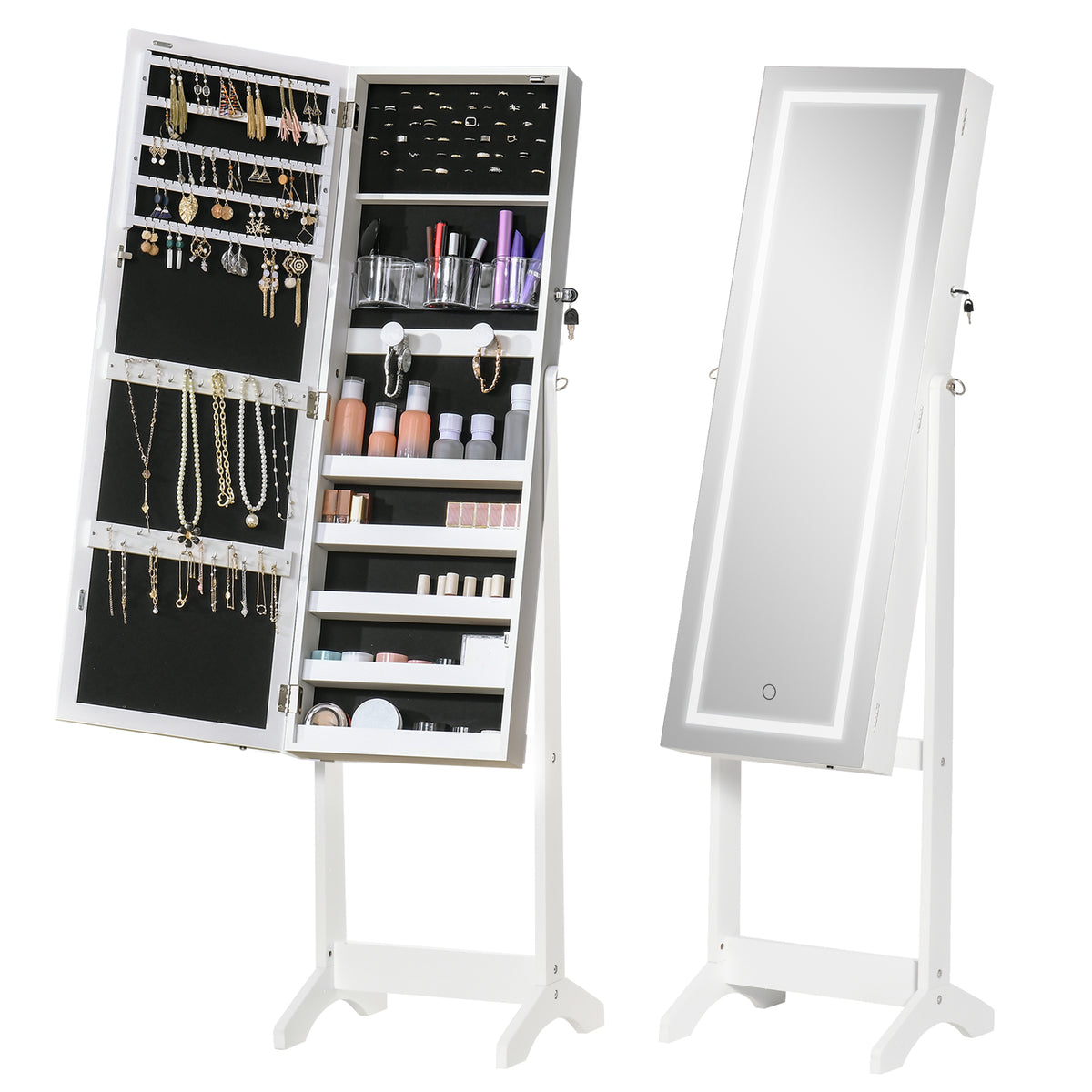 Standing jewelry armoire with mirror and LED lights