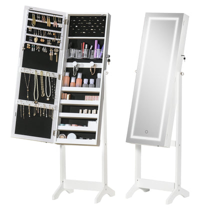 Standing jewelry armoire with mirror and LED lights