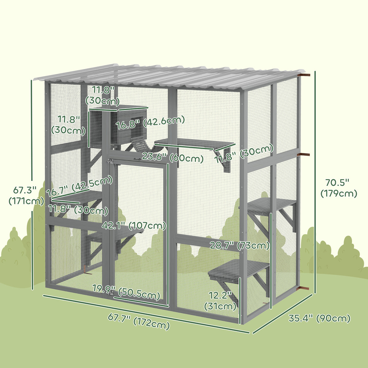 Multi-level outdoor cat enclosure with transparent roof