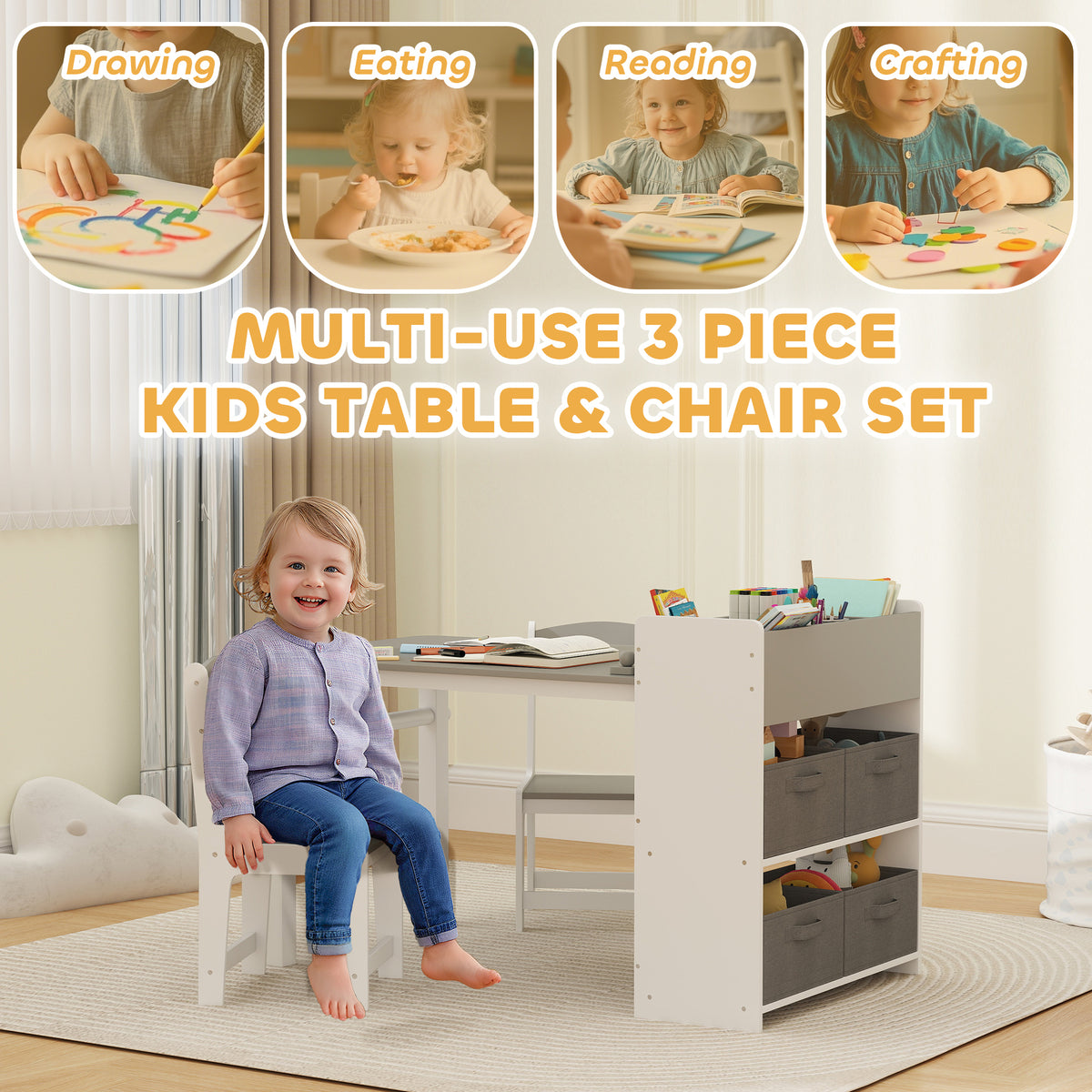 Kids Table and Chairs Set with Paper Roll — Set of 3