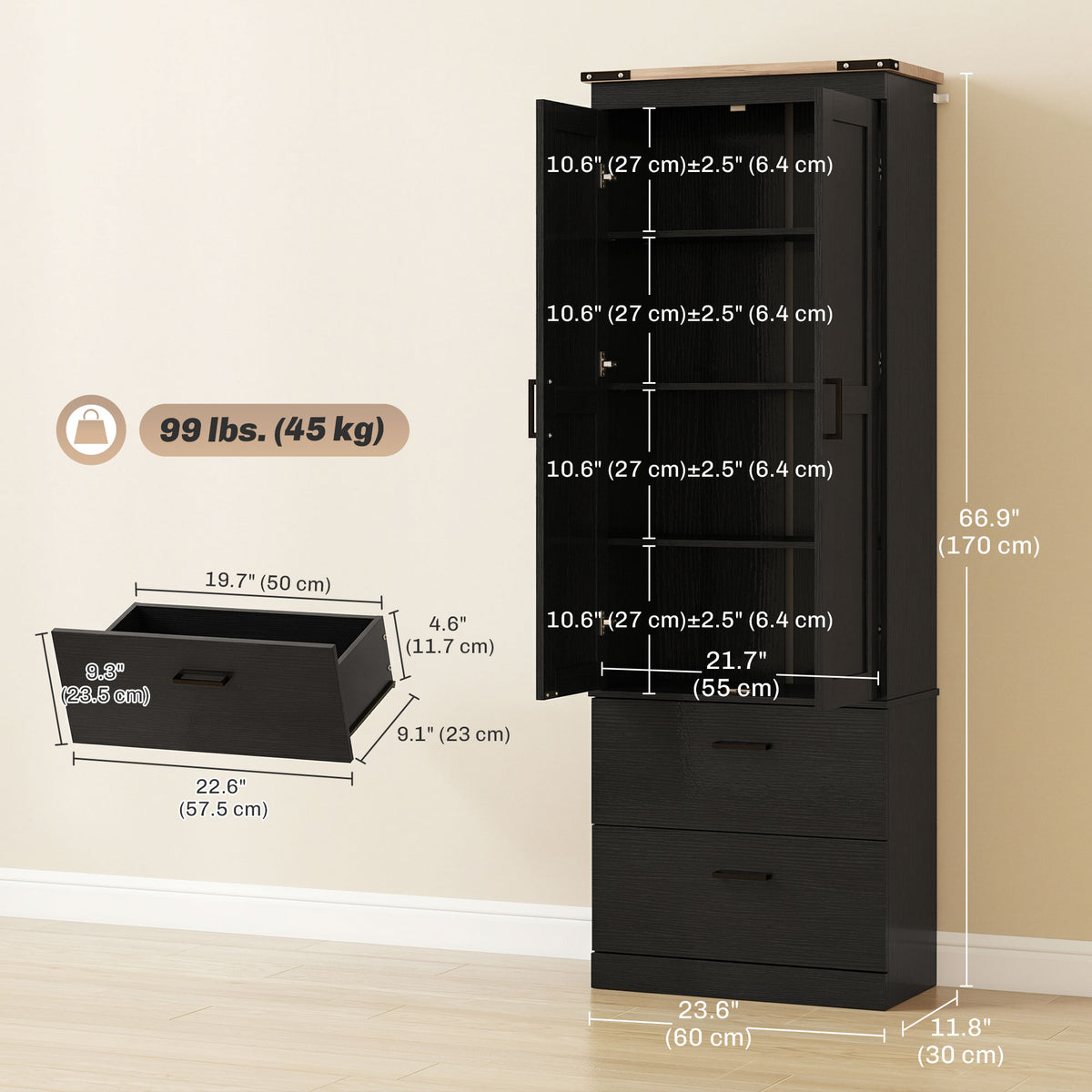 Tall Kitchen Pantry Cabinet 4-Tier with Drawers