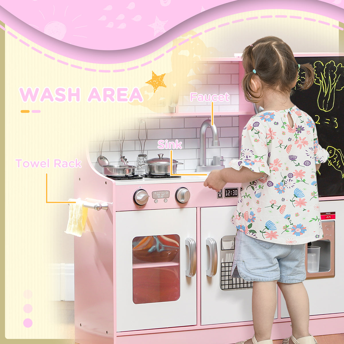 Cocina de juguete para niños con pizarra y cubitos de hielo