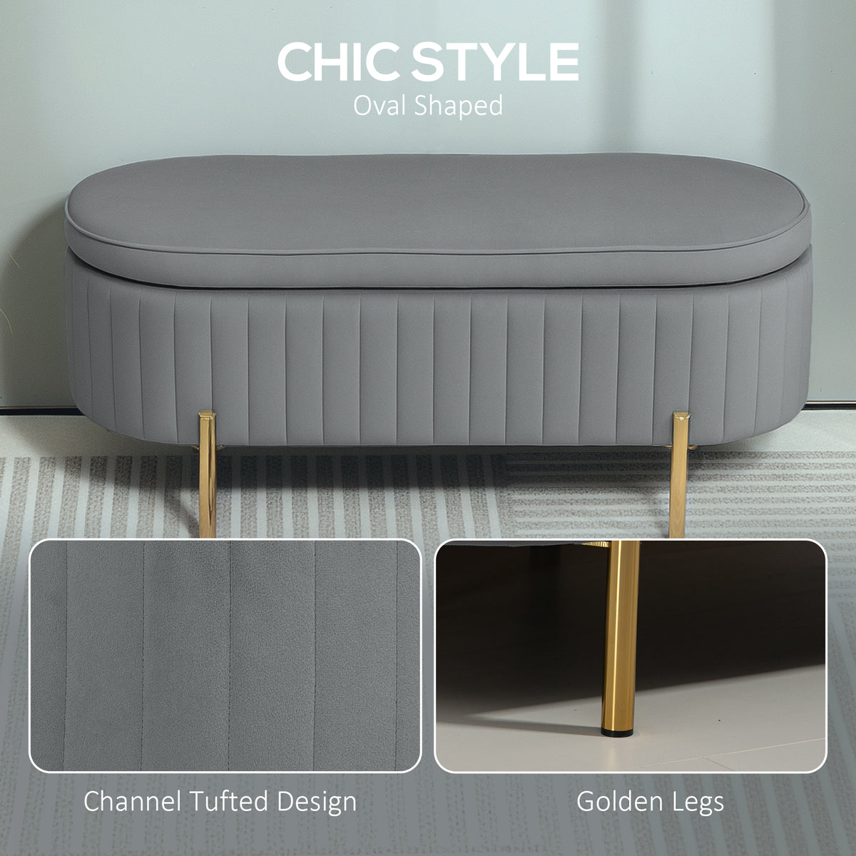 Channel Tufted Storage Bench with Golden Legs