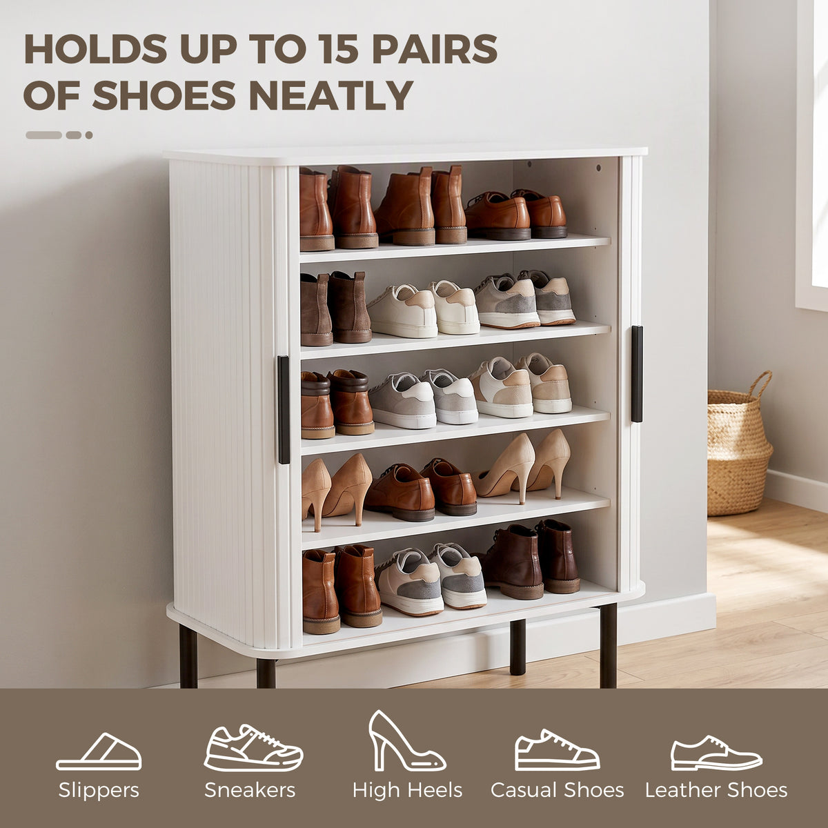 Shoe storage cabinet with tambour doors and adjustable shelves