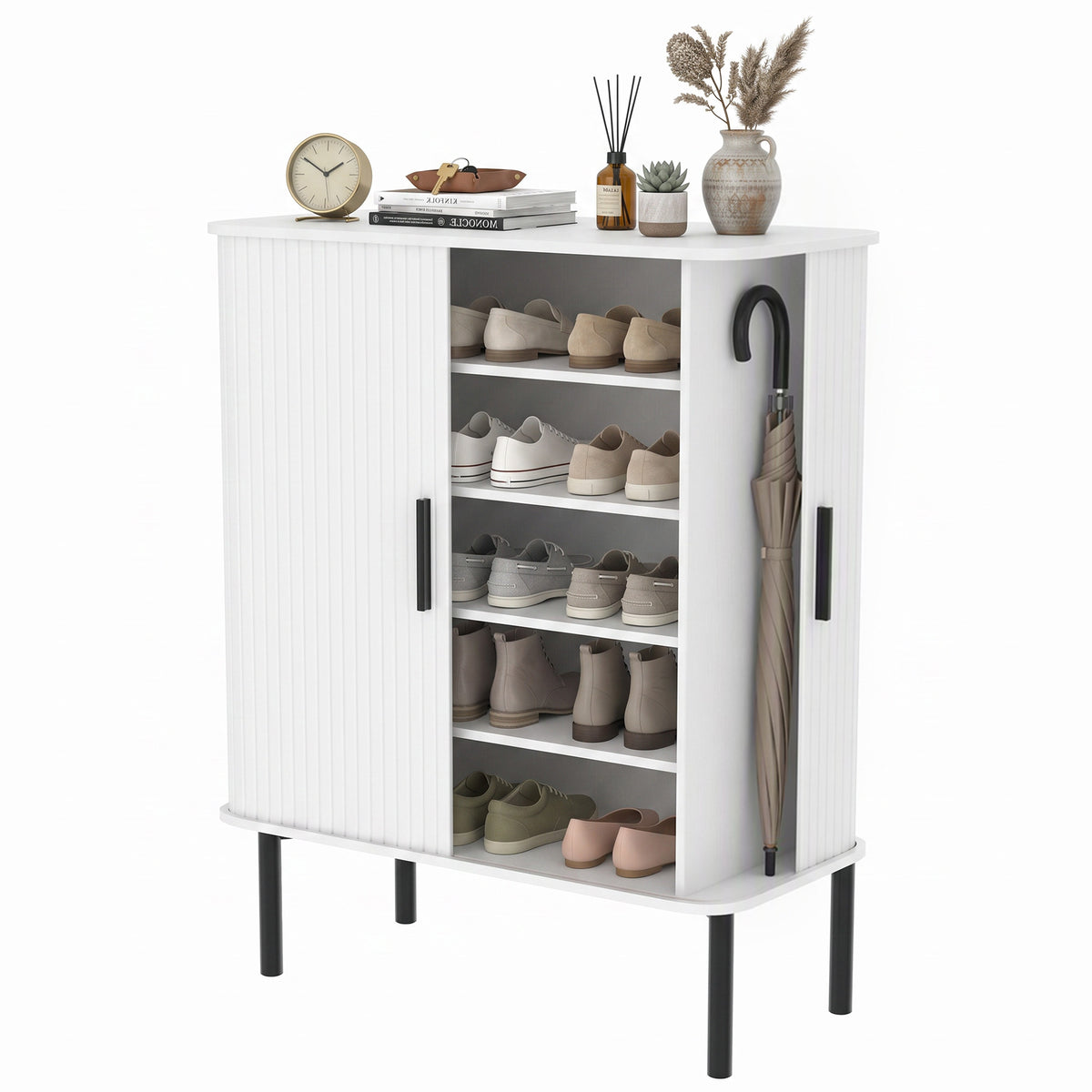 Shoe storage cabinet with tambour doors and adjustable shelves