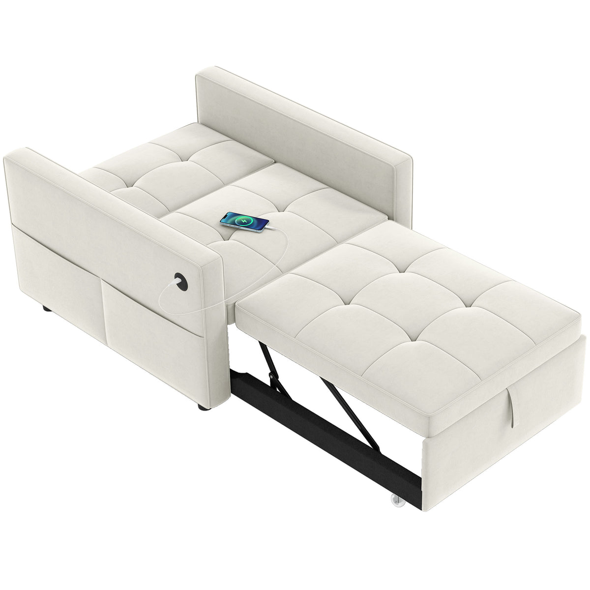 Convertible Velvet Chair Bed with USB Charging