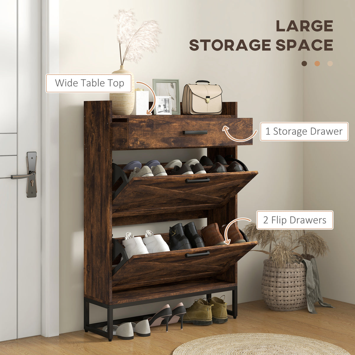 Slim shoe storage cabinet with 2 flip drawers