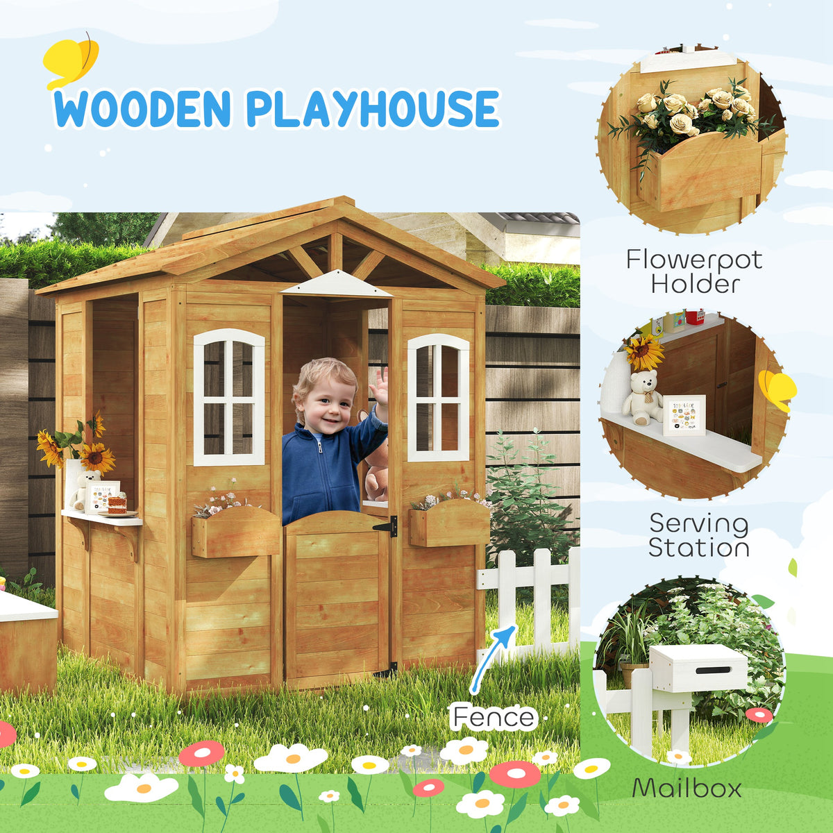 Kids Wooden Playhouse with Bench and Serving Station
