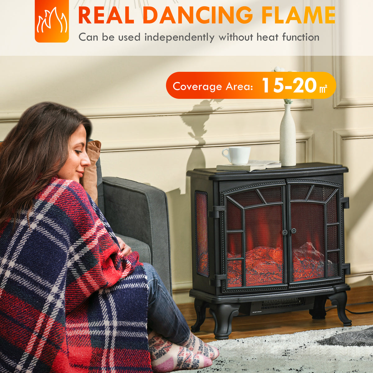 Freestanding Electric Fireplace Heater Realistic Flame 1500W