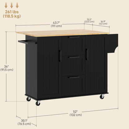 Isla de cocina con ruedas, tapa abatible y cajones