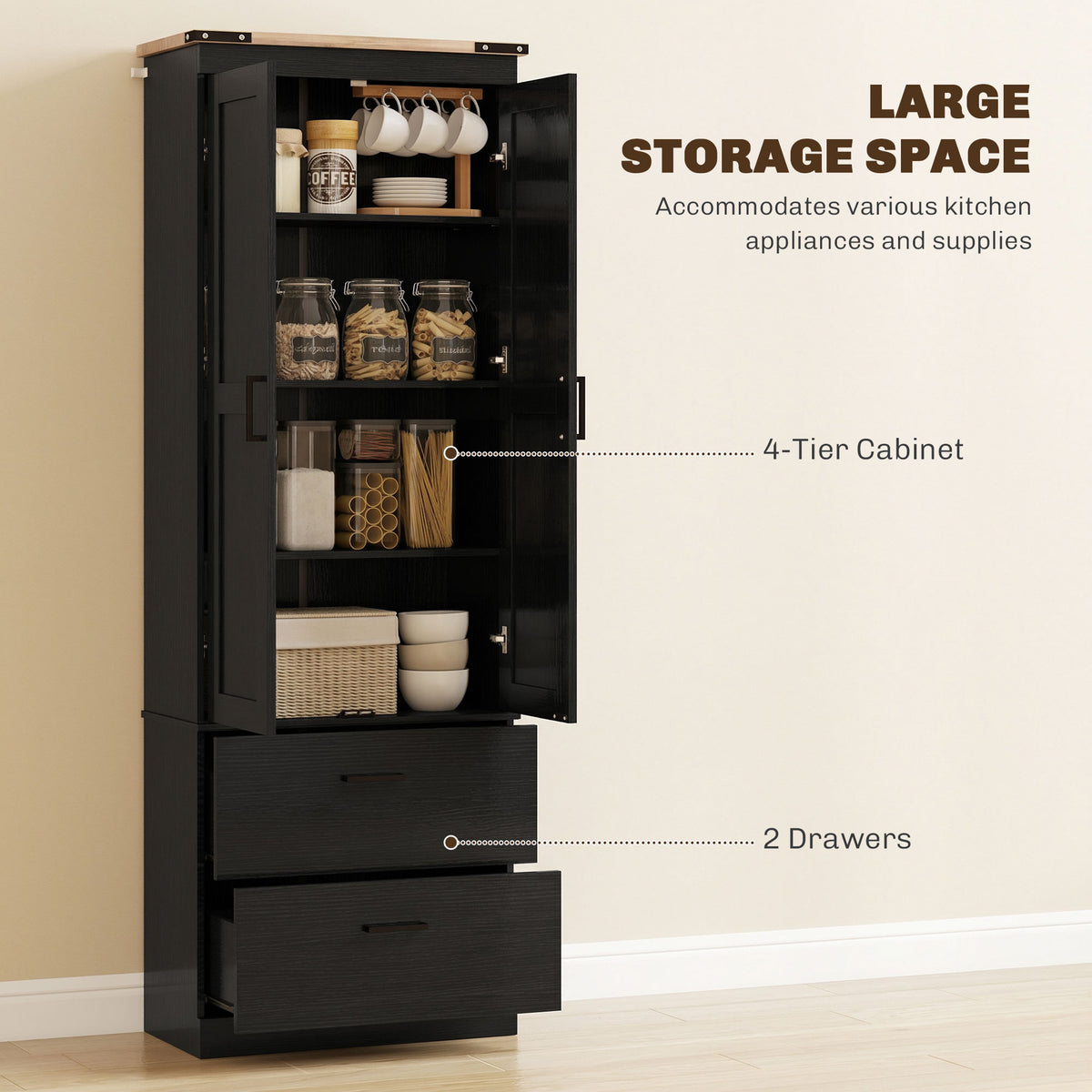 Tall Kitchen Pantry Cabinet 4-Tier with Drawers
