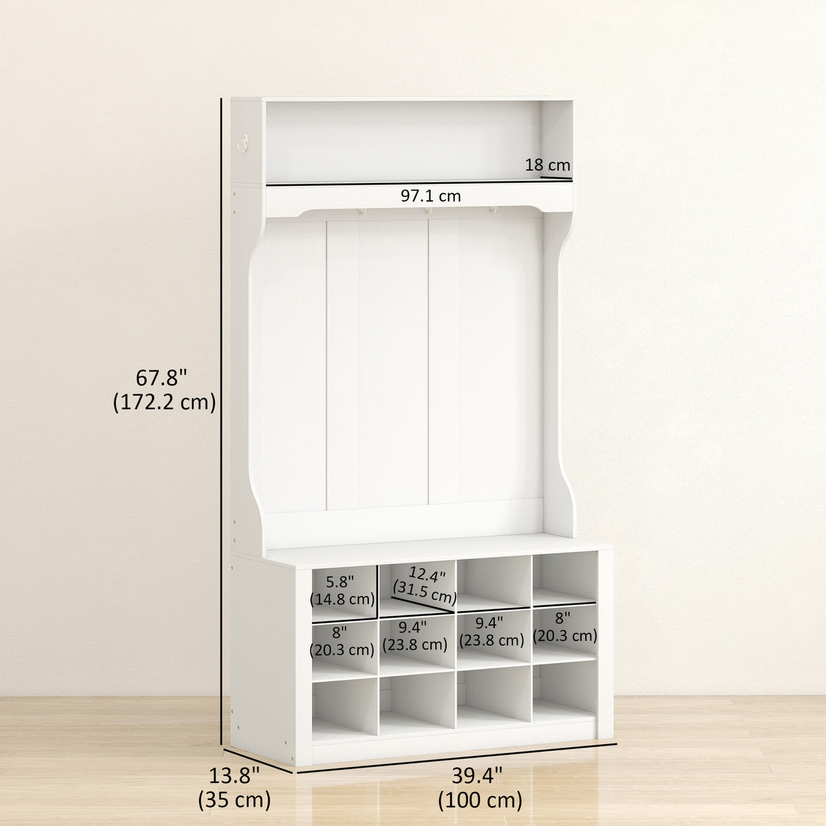 4-in-1 Hall Tree with Bench and 12 Shoe Cubbies