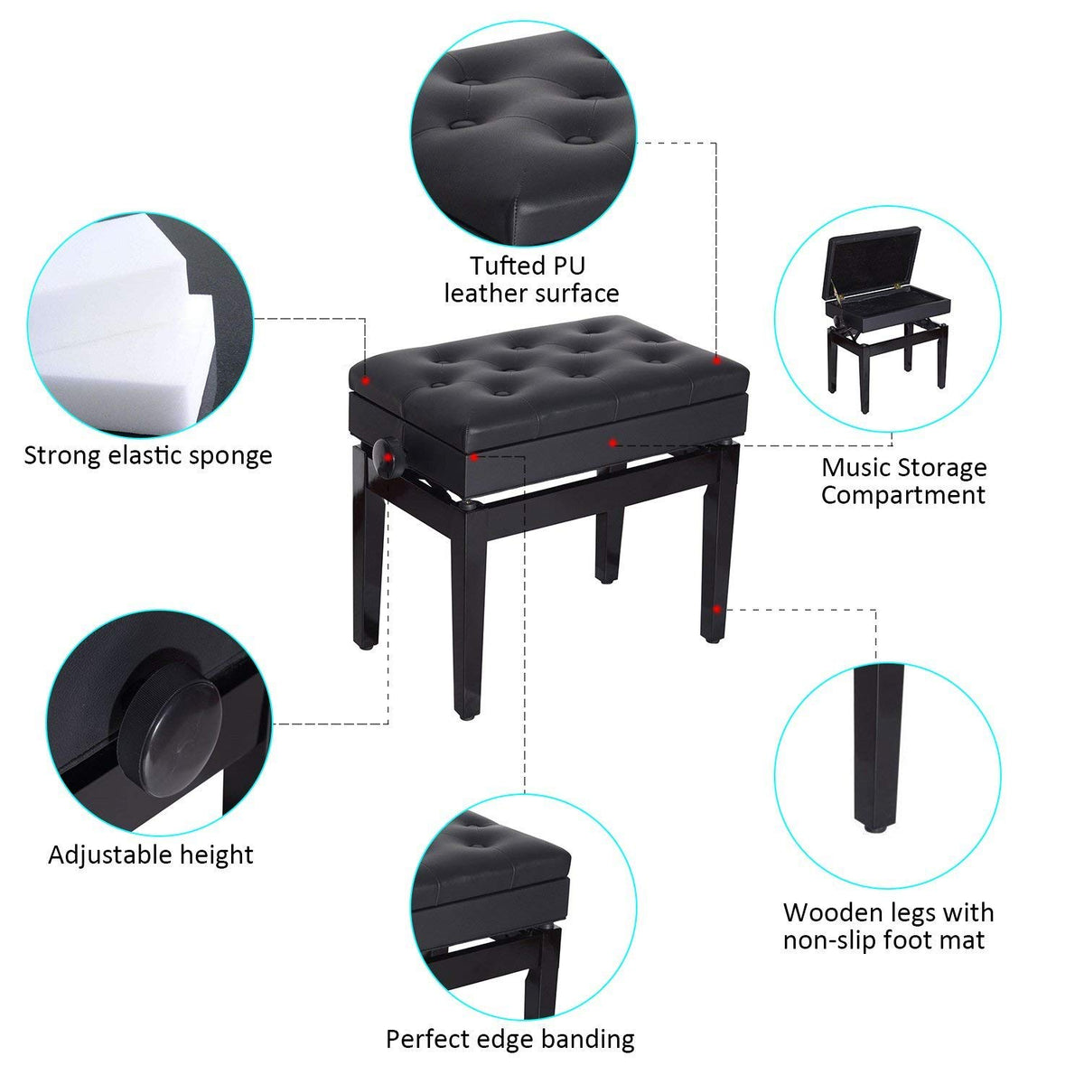 Banco de piano ajustable con almacenamiento y cuero sintético