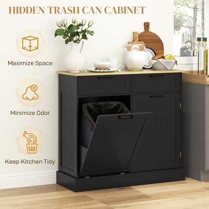Tilt-out hidden trash can cabinet with drawers