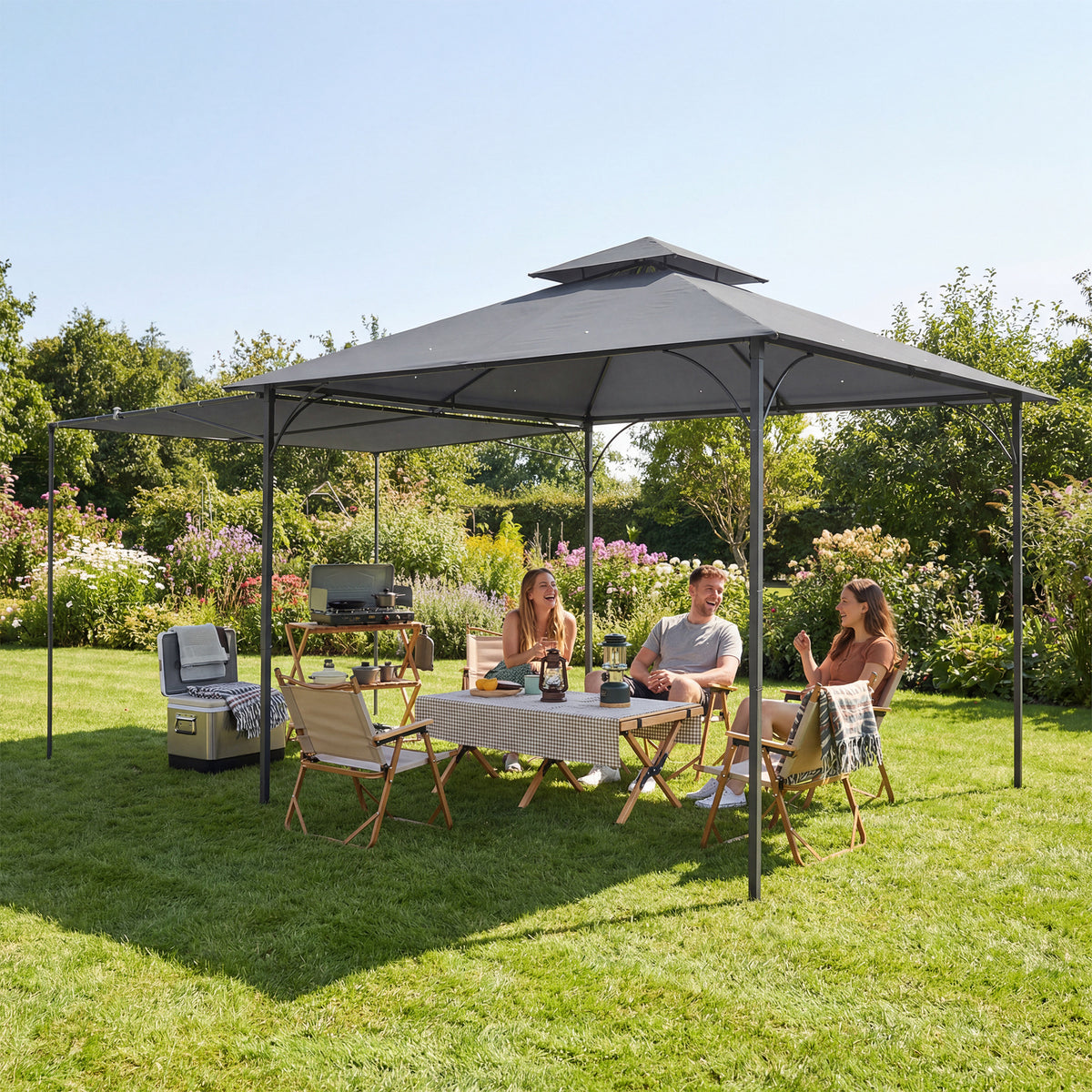 Patio Gazebo Double Roof with Extendable Shade Canopy