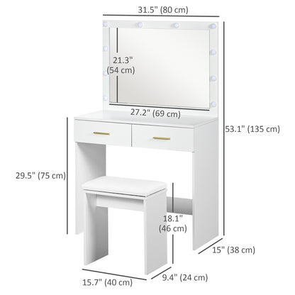 Vanity Desk Set with LED Mirror and Stool