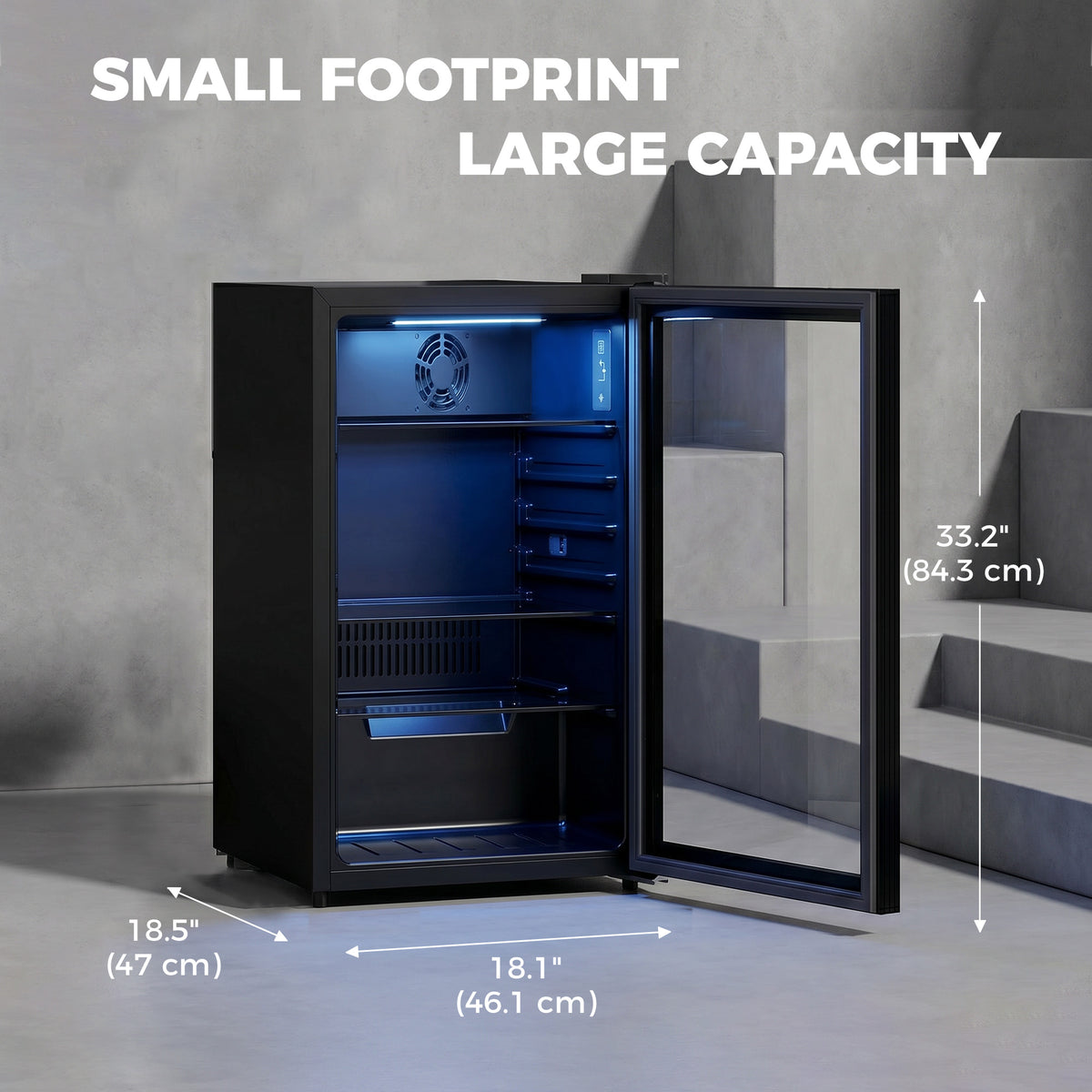 Beverage fridge with glass door and steel