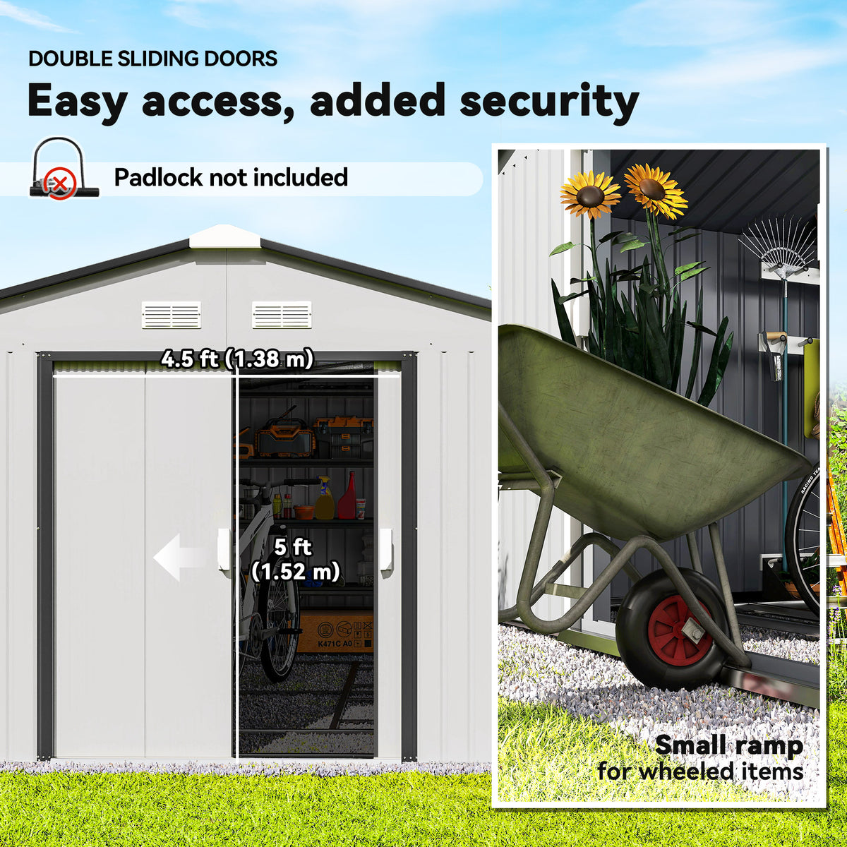 Galvanized Steel Garden Shed with Double Sliding Door