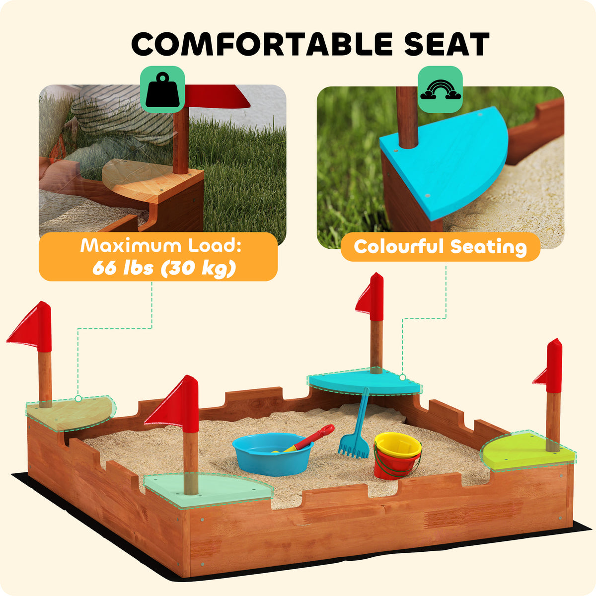 Caja de arena de madera para niños con banderas