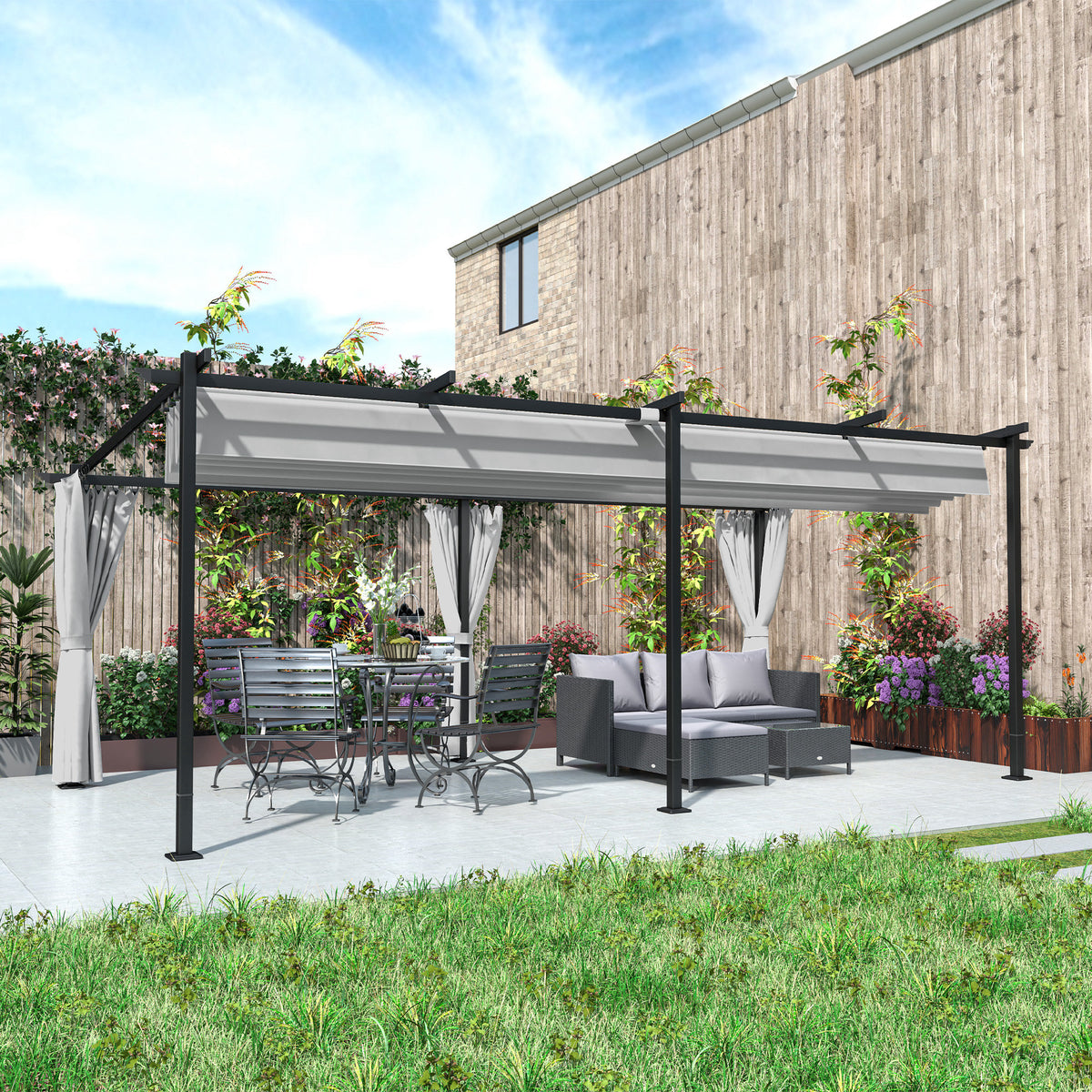 Retractable Metal Pergola with Side Curtains