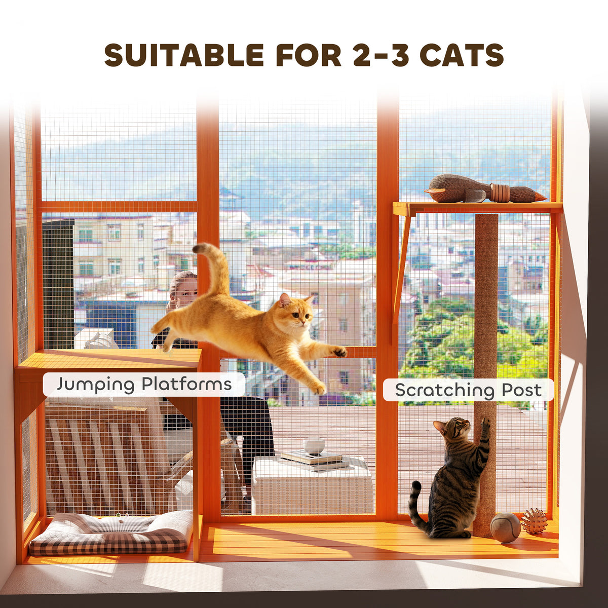 Rejilla exterior para gatos de 3 niveles con plataformas