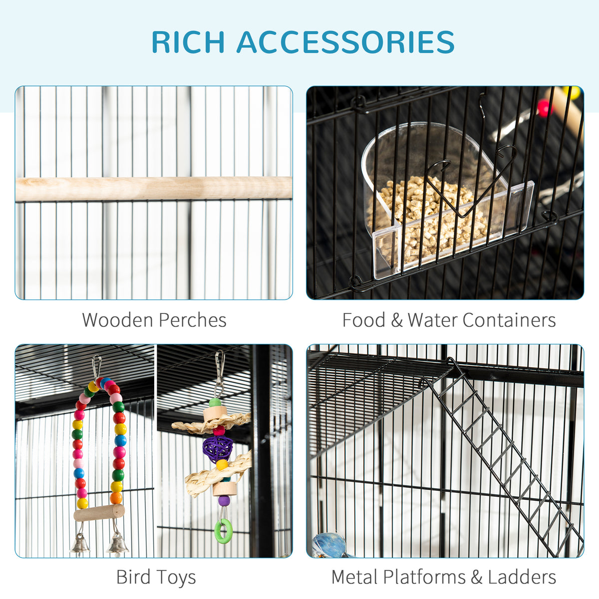 Large bird cage with wheels and accessories
