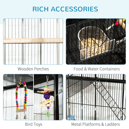 Large bird cage with wheels and accessories